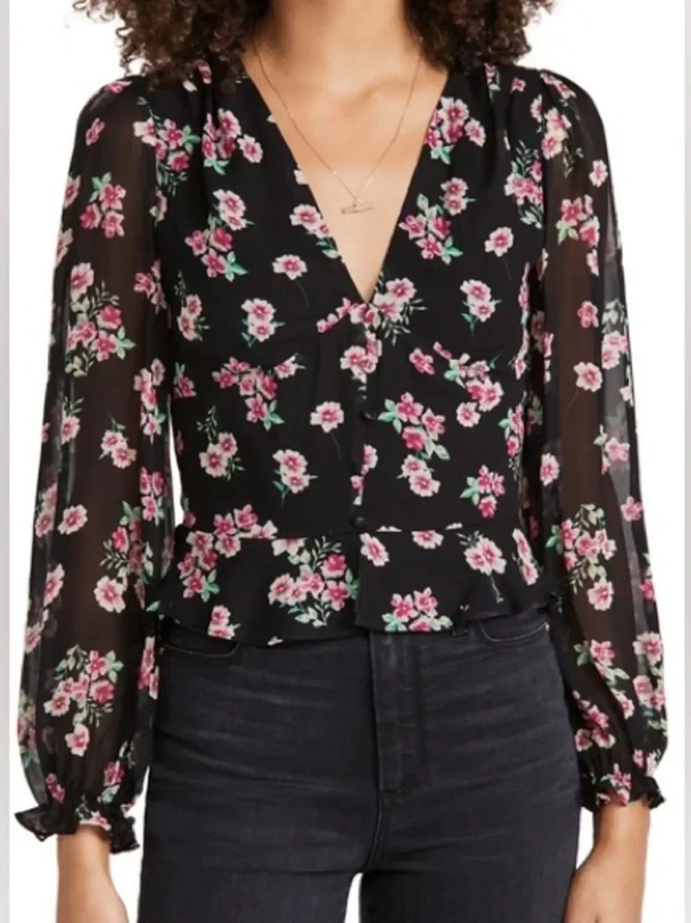Revolve Yumi Kim Black Pink Camden Floral Coco Top L Chic Boho Business Casual